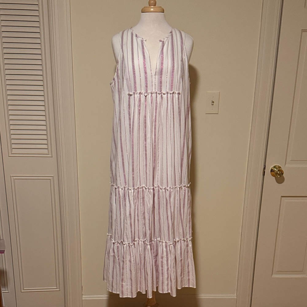 Never A Wallflower Tiered Maxi Dress - White with Magenta Metallic Stripe Detail